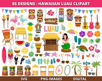 Luau Clipart, Tropical Luau Clipart, Hawaiian Luau Clipart, Tiki Clipart, Summer Clipart, Beach, Flamingo, Hawaii, Hibiscus, Tropical, PNG