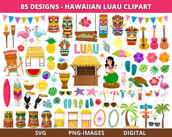Luau Clipart, Tropical Luau Clipart, Hawaiian Luau Clipart, Tiki Clipart, Summer Clipart, Beach, Flamingo, Hawaii, Hibiscus, Tropical, PNG