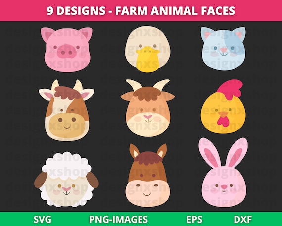 Farm Animal Faces Clipart, animal faces, Farm Animal clipart, Farm face SVG cut files, Nursery Clipart, Instant Download SVG and PNG