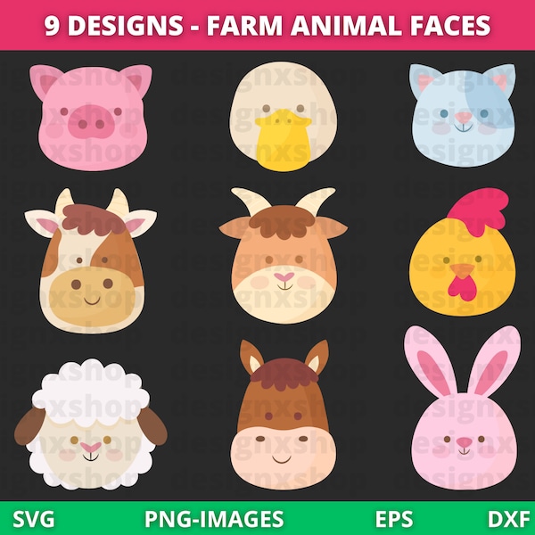 Farm Animal Faces Clipart, animal faces, Farm Animal clipart, Farm face SVG cut files, Nursery Clipart, Instant Download SVG and PNG