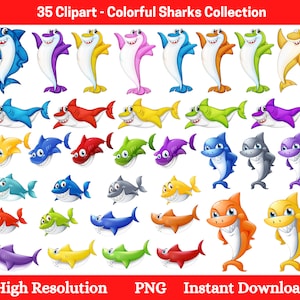 May include: 35 colorful cartoon shark illustrations in various poses. The sharks are in different colors, including blue, red, yellow, green, purple, orange, and gray. The sharks are all smiling and have sharp teeth. The illustrations are high resolution PNG files and are perfect for digital projects.