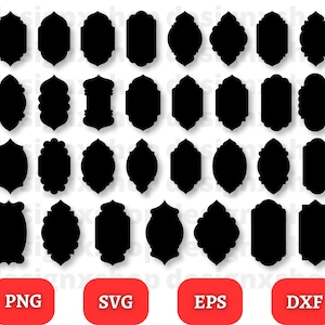 May include: A set of 36 black silhouette frame SVG cut files. The frames are in various shapes and sizes, perfect for crafting and design projects.