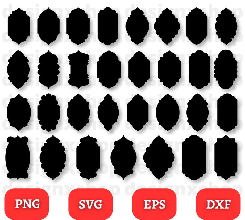 May include: A set of 36 black silhouette frame SVG cut files. The frames are in various shapes and sizes, perfect for crafting and design projects.