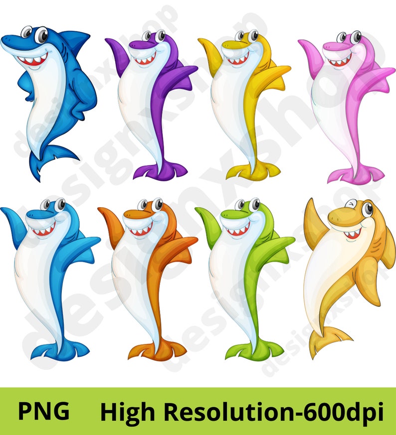 May include: Eight cartoon sharks in different colors, including blue, purple, yellow, pink, light blue, orange, green, and yellow. Each shark is smiling and has a white belly. The sharks are all in a standing position with their fins raised.
