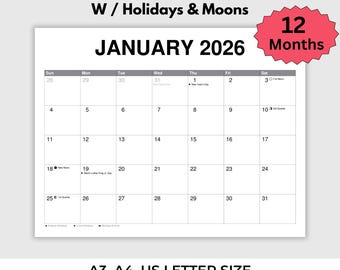 2026 Printable Monthly Calendar | Holidays & Moon Phases | Sunday or Monday Start | A3 A4 US Letter | Instant Download PDF