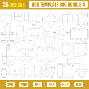Op de afbeelding: Een digitale collectie van 25 doosontwerpen in SVG-formaat. De afbeelding toont diverse platte, witte lijntekeningen voor vouwdozen, waaronder kussendoosjes, geschenkdozen en containers, met de labels SVG, PNG, JPG, EPS, PDF, DXF.