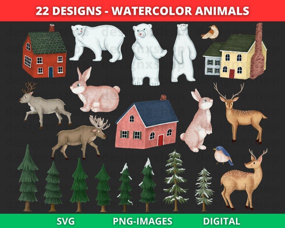 Watercolor Animals Clipart, Hand Draw Wild Animals Clipart, Animals Clipart, House Clipart, Safari Animals Clipart, Download SVG and PNG