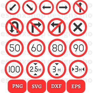 May include: A set of 18 red and white traffic signs with various symbols, including arrows, no entry signs, and speed limits. The signs are in a circle shape with a red border and white background. The signs are labeled with the file formats PNG, SVG, DXF, and EPS.