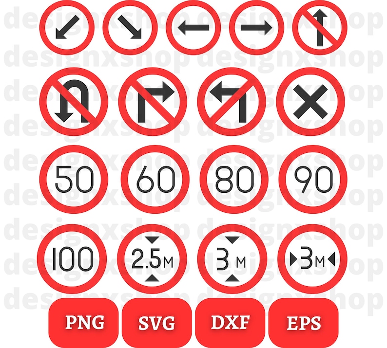 May include: A set of 18 red and white traffic signs with various symbols, including arrows, no entry signs, and speed limits. The signs are in a circle shape with a red border and white background. The signs are labeled with the file formats PNG, SVG, DXF, and EPS.
