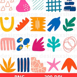 May include: A set of 16 colorful abstract shapes and patterns, including a pink pear, a blue grid, a yellow U-shape, a red and orange flower, a blue bird, a green leaf, a pink comb, a blue and yellow star, and a pink and white swirl. The shapes are all hand-drawn and have a playful, modern feel.