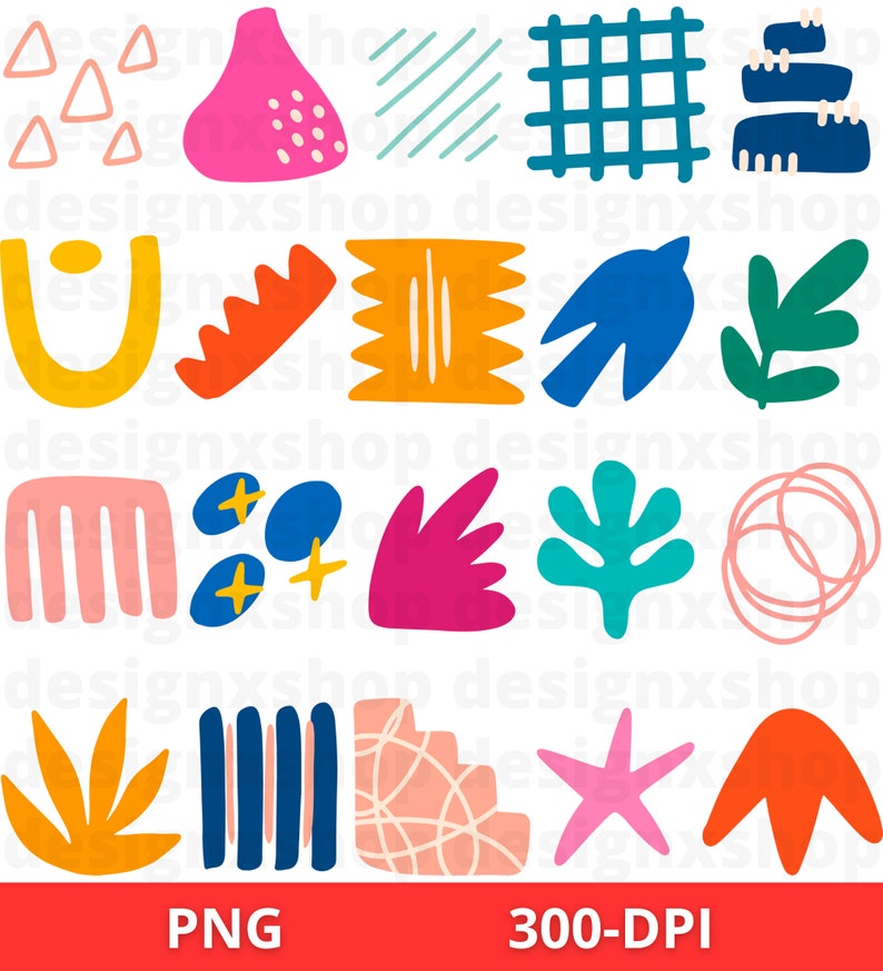 May include: A set of 16 colorful abstract shapes and patterns, including a pink pear, a blue grid, a yellow U-shape, a red and orange flower, a blue bird, a green leaf, a pink comb, a blue and yellow star, and a pink and white swirl. The shapes are all hand-drawn and have a playful, modern feel.