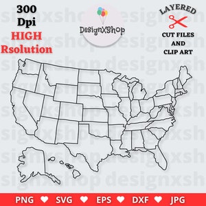 Vereinigte Staaten von Amerika-Svg-Datei für Cricut, Silhouette, USA Karte Umriss Svg-Schnitt-Datei, Vektor-Clipart - sofortig digitaler Download