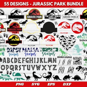 Könnte beinhalten: Eine Sammlung von 55 Jurassic Park-Designs, darunter Logos, Dinosaurier-Silhouetten und Textelemente. Die Designs sind in verschiedenen Farben und Stilen gehalten und eignen sich für Bastelprojekte. Enthält PNG-, SVG-, EPS- und DXF-Dateiformate.