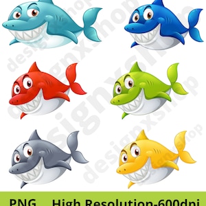 May include: Five cartoon sharks with different colored bodies: blue, red, green, gray, and yellow. Each shark has a white belly and a toothy grin.