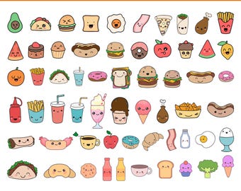 Kawaii mat SVG-paket 2 | 60 söta matclipart PNG, kawaii snabbmat, tecknad dessert, dryckesklippfiler för Cricut Silhouette kommersiellt bruk