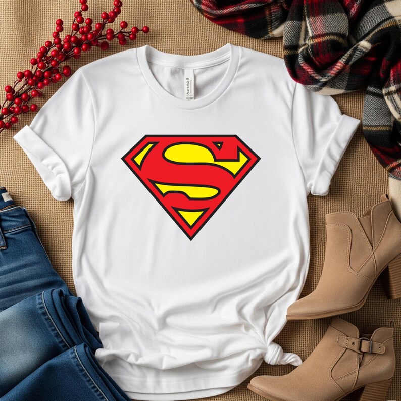 May include: White t-shirt featuring the Superman logo. The logo is a red diamond with a yellow 'S' in the center, outlined in black. The shirt is made of a soft material and is suitable for casual wear.