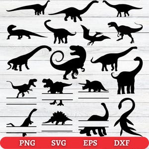 May include: Black dinosaur silhouettes in various poses, including a T-Rex, Brontosaurus, and Pterodactyl, are displayed against a white wood-grain background. The image also includes the text "PNG", "SVG", "EPS", and "DXF" on a red banner.