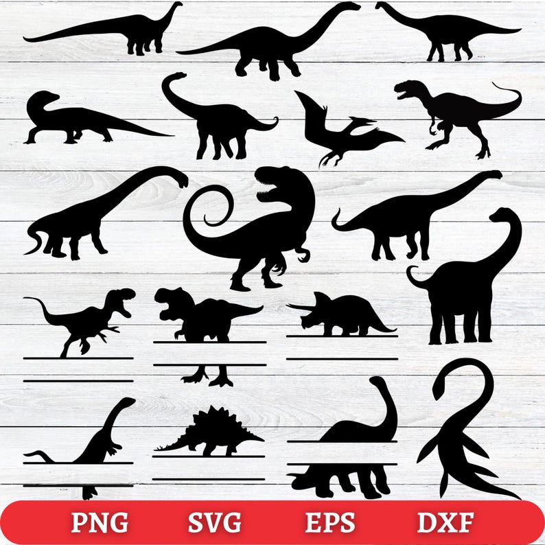 May include: Black dinosaur silhouettes in various poses, including a T-Rex, Brontosaurus, and Pterodactyl, are displayed against a white wood-grain background. The image also includes the text "PNG", "SVG", "EPS", and "DXF" on a red banner.