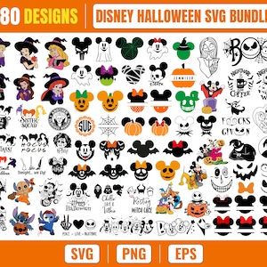 Może przedstawiać: Cyfrowa kolekcja 80 wzorów na Halloween z motywami Disneya w formatach SVG, PNG i EPS. Zestaw grafik zawiera różne sylwetki postaci, ikony dyń, upiorne napisy oraz ilustracje świąteczne w kolorach czarnym, pomarańczowym i fioletowym.