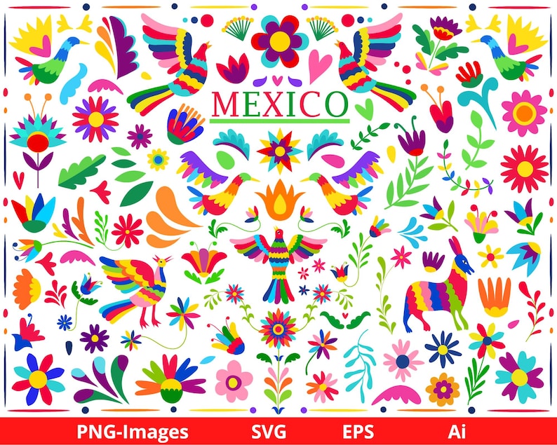 Mexican Otomi Clipart, Otomi clipart, Mexico clipart, Colorful Mexican Flowers, Floral clipart, Cinco de Mayo, Fiesta clipart, Digital Files image 1