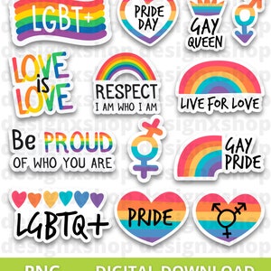 May include: A collection of colourful stickers featuring rainbow patterns, heart shapes, and various pride-themed text including LGBT+, Pride Day, Gay Queen, Love is Love, Respect I Am Who I Am, Live for Love, Be Proud, and LGBTQ+.