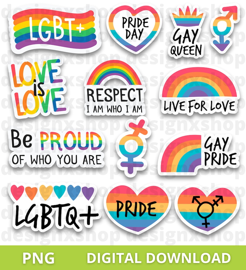 May include: A collection of colourful stickers featuring rainbow patterns, heart shapes, and various pride-themed text including LGBT+, Pride Day, Gay Queen, Love is Love, Respect I Am Who I Am, Live for Love, Be Proud, and LGBTQ+.