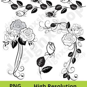 May include: Black and white silhouette of a rose bouquet with three roses and leaves. The roses are in full bloom and have a classic design. The bouquet is isolated on a white background.
