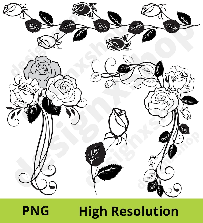 May include: Black and white silhouette of a rose bouquet with three roses and leaves. The roses are in full bloom and have a classic design. The bouquet is isolated on a white background.