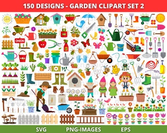 Ensemble de clipart jardin : fleurs de printemps, outils et plantes (PNG, SVG)