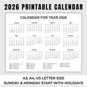 May include: A 2026 printable calendar with a white background. The calendar includes all 12 months, with holidays listed at the bottom. The calendar is available in A3, A4, and US Letter sizes, with Sundays and Mondays starting the week.