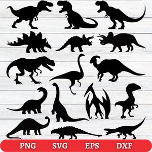 May include: Black dinosaur silhouettes in various poses against a white wood-grain background. The image includes a Tyrannosaurus Rex, Triceratops, Stegosaurus, and other prehistoric creatures. The bottom of the image has the text "PNG SVG EPS DXF" in white on a red background.