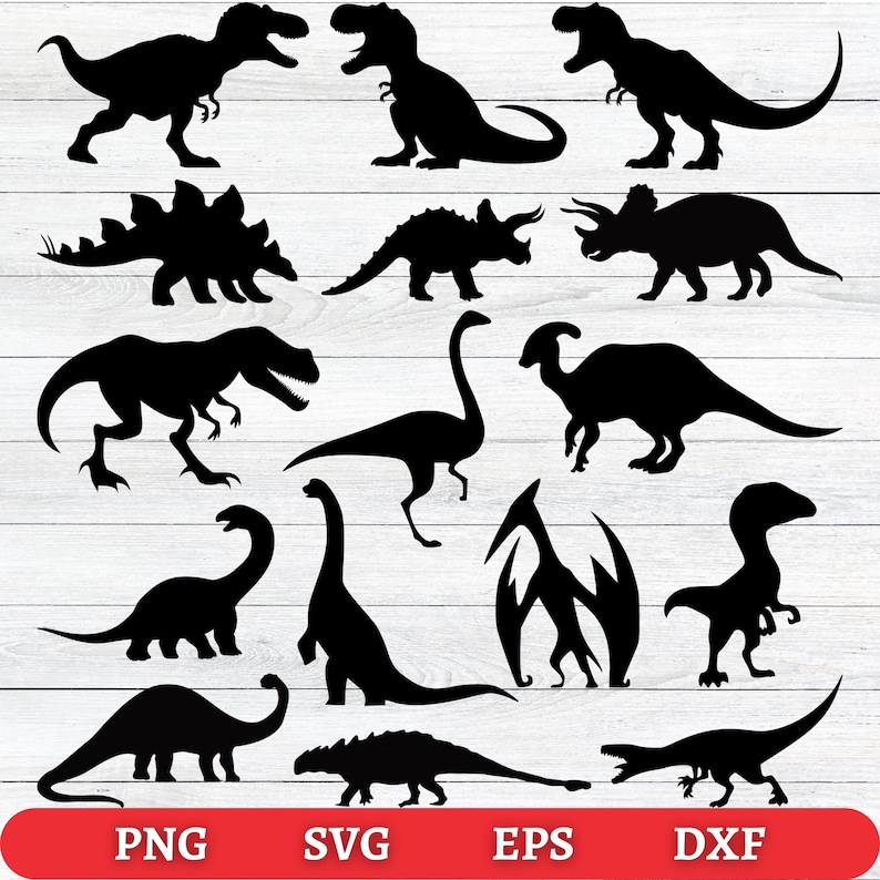 May include: Black dinosaur silhouettes in various poses against a white wood-grain background. The image includes a Tyrannosaurus Rex, Triceratops, Stegosaurus, and other prehistoric creatures. The bottom of the image has the text "PNG SVG EPS DXF" in white on a red background.