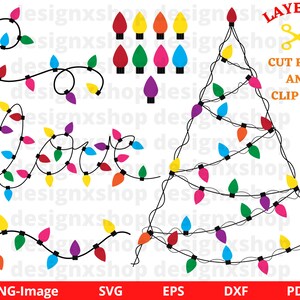 May include: A set of layered cut files for a Christmas tree, love, and a string of lights. The lights are red, orange, yellow, green, blue, and purple. The text on the image says "Layered Cut Files and Clip Art".