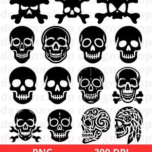 Puede incluir: Un conjunto de 12 ilustraciones de calaveras en blanco y negro. Las calaveras son de varios estilos, incluyendo simples, detalladas y con huesos cruzados. Las ilustraciones son perfectas para usar en proyectos digitales o impresos.