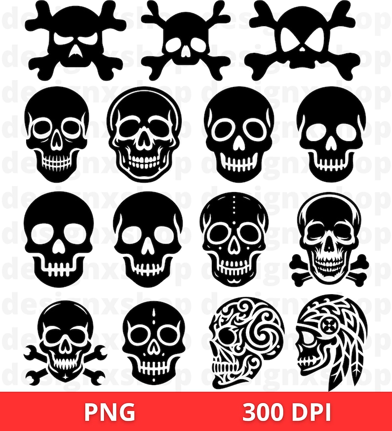 Puede incluir: Un conjunto de 12 ilustraciones de calaveras en blanco y negro. Las calaveras son de varios estilos, incluyendo simples, detalladas y con huesos cruzados. Las ilustraciones son perfectas para usar en proyectos digitales o impresos.