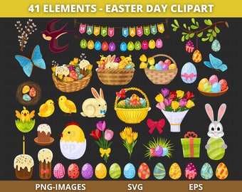May include: A set of 41 Easter-themed clipart elements, including bunnies, chicks, eggs, baskets, flowers, and a banner that reads "Happy Easter".