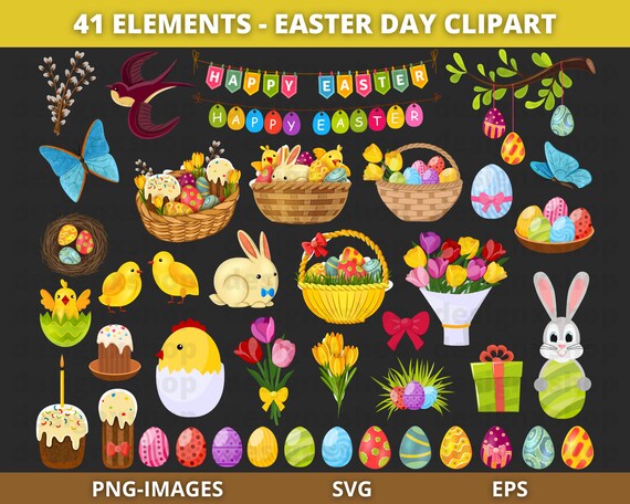 Easter Clipart, Easter bunny clipart, Easter egg clipart, Floral Clipart, Easter Day Clipart, Happy Easter, Instant Download SVG and PNG