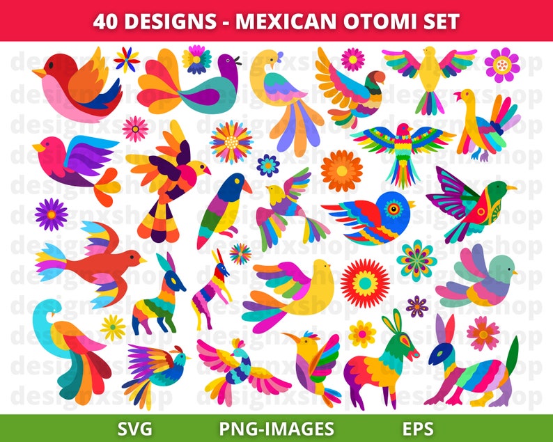 Mexican Otomi Clipart, Otomi clipart, Mexico clipart, Colorful Mexican Flowers, Floral clipart, Cinco de Mayo, Fiesta clipart, Digital Files image 1