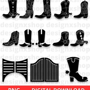 Op de afbeelding: Een set met zwarte en witte silhouetbeelden van cowboylaarzen, saloon deuren en een poort. De afbeeldingen zijn perfect voor knutselprojecten, scrapbooking of digitaal ontwerp.