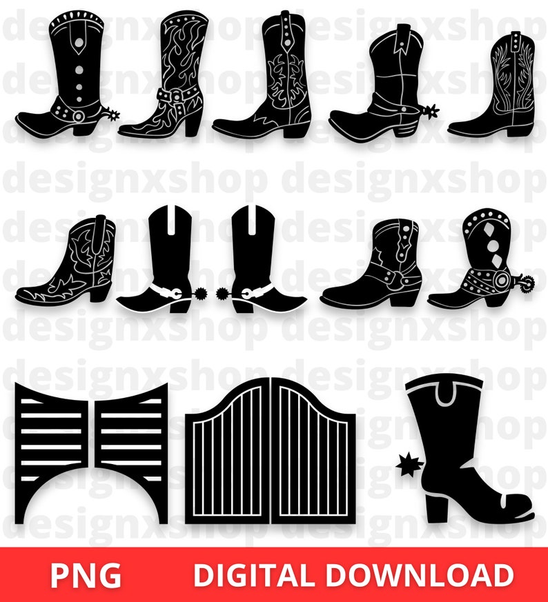 Op de afbeelding: Een set met zwarte en witte silhouetbeelden van cowboylaarzen, saloon deuren en een poort. De afbeeldingen zijn perfect voor knutselprojecten, scrapbooking of digitaal ontwerp.