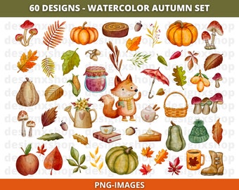 Pacote de clipart de outono aconchegante em aquarela, clipart de aquarela de outono, clipart de abóbora de outono, clipart de folhas de outono, clipart de árvores de outono