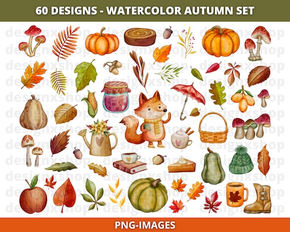 Watercolor Autumn Clipart, Watercolor Fall Clipart, Watercolor Fall Leaves Clipart, Autumn clipart, Fall clipart, Pumpkin, Download PNG