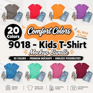 May include: A digital mockup bundle for kids t-shirts featuring 20 colors, including gray, red, orange, purple, blue, green, pink, and maroon. Each shirt is displayed with a pair of blue denim shorts and checkered slip-on shoes. Text includes Comfort Colors 9018 Kids T-Shirt Mockup Bundle.