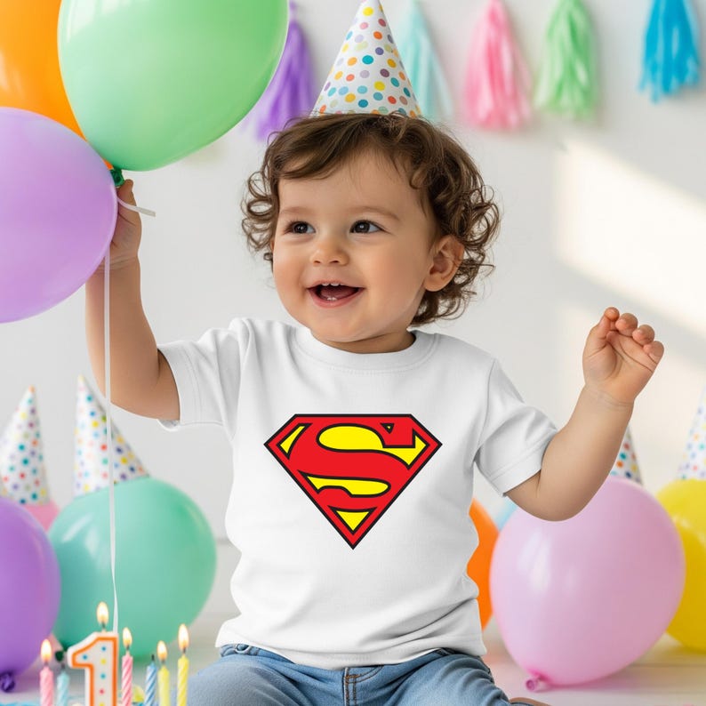 May include: A smiling child wearing a white t-shirt with the Superman logo, holding colorful balloons. The Superman logo is a red diamond with a yellow 'S' inside. The child is wearing a party hat and surrounded by birthday decorations.