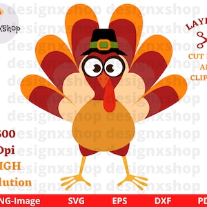 Puede incluir: Un pavo de dibujos animados con un sombrero de peregrino con una banda y una hebilla verdes. El pavo tiene ojos grandes y redondos y una papada roja. Las plumas del pavo son naranja y rojo. La imagen está etiquetada como "ARCHIVOS DE CORTE CAPAS Y CLIP ART".
