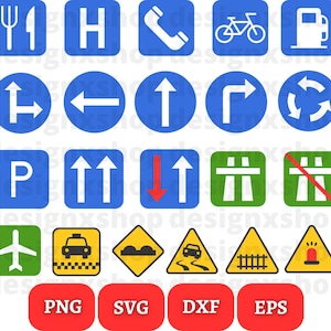 May include: A set of 20 blue, green, and yellow road signs with white symbols. The signs include symbols for a fork and knife, a hospital, a phone, a bicycle, a gas station, a two-way road, a left turn, a straight road, a right turn, a roundabout, a parking lot, a two-way road with arrows pointing up, a two-way road with arrows pointing down, a highway, a highway with a red line through it, an airplane, a taxi, a bump in the road, a winding road, a railroad crossing, and a warning sign with a flashing light. The signs are labeled with the file formats PNG, SVG, DXF, and EPS.