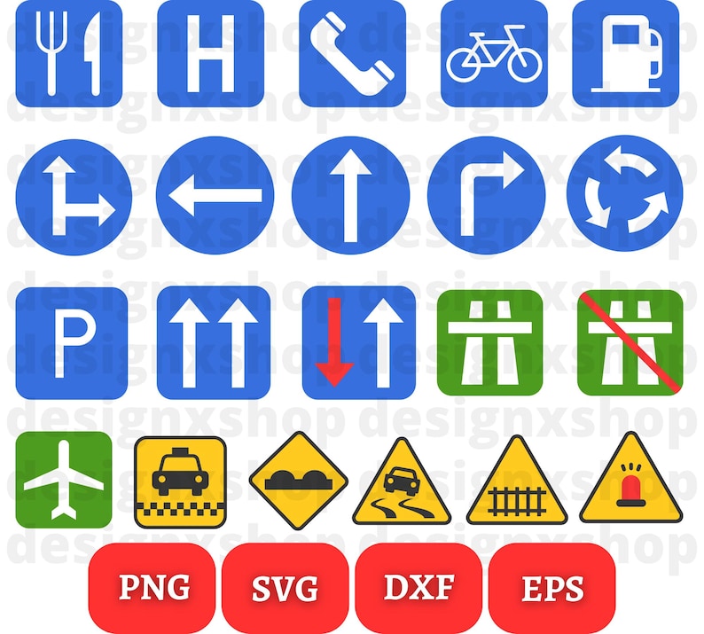 May include: A set of 20 blue, green, and yellow road signs with white symbols. The signs include symbols for a fork and knife, a hospital, a phone, a bicycle, a gas station, a two-way road, a left turn, a straight road, a right turn, a roundabout, a parking lot, a two-way road with arrows pointing up, a two-way road with arrows pointing down, a highway, a highway with a red line through it, an airplane, a taxi, a bump in the road, a winding road, a railroad crossing, and a warning sign with a flashing light. The signs are labeled with the file formats PNG, SVG, DXF, and EPS.