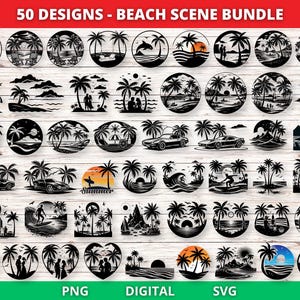 Puede incluir: Una colección de 50 diseños de escenas de playa en blanco y negro, con palmeras, puestas de sol, parejas, coches y surfistas. Los diseños están disponibles en formatos PNG, digital y SVG. El texto "50 DESIGNS - BEACH SCENE BUNDLE" está en la parte superior.