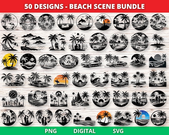 Beach Scene SVG Bundle, Beach Svg, Summer Svg, Beach Palm Tree Svg, Beach Scene Clipart, Woman on Beach Svg, Beach Scene Png, Beach Png
