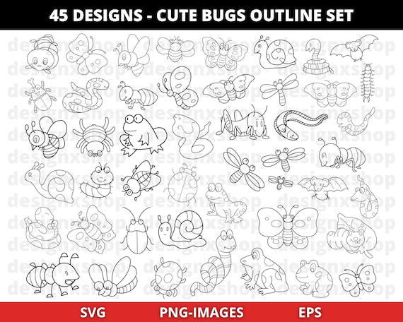 Bugs Outline Clipart, Insects Svg, Silhouette, Cute Bugs Digital Stamp, Kawaii Bugs, Line Art, Doodle Bugs clipart, Stencil, SVG, PNG, DXF